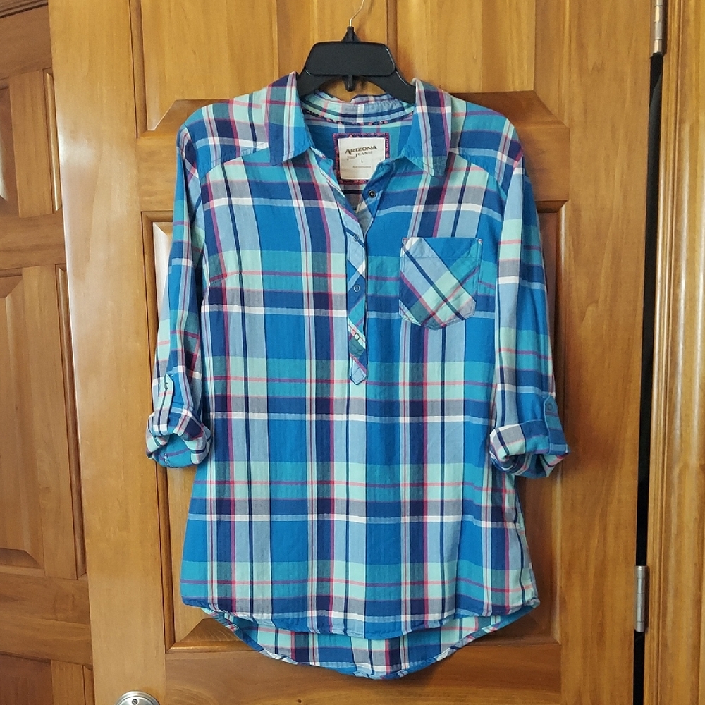 Amazon Jean Company Vibrant Plaid Colors Button Up Shirt, Size Large, Like New▪︎